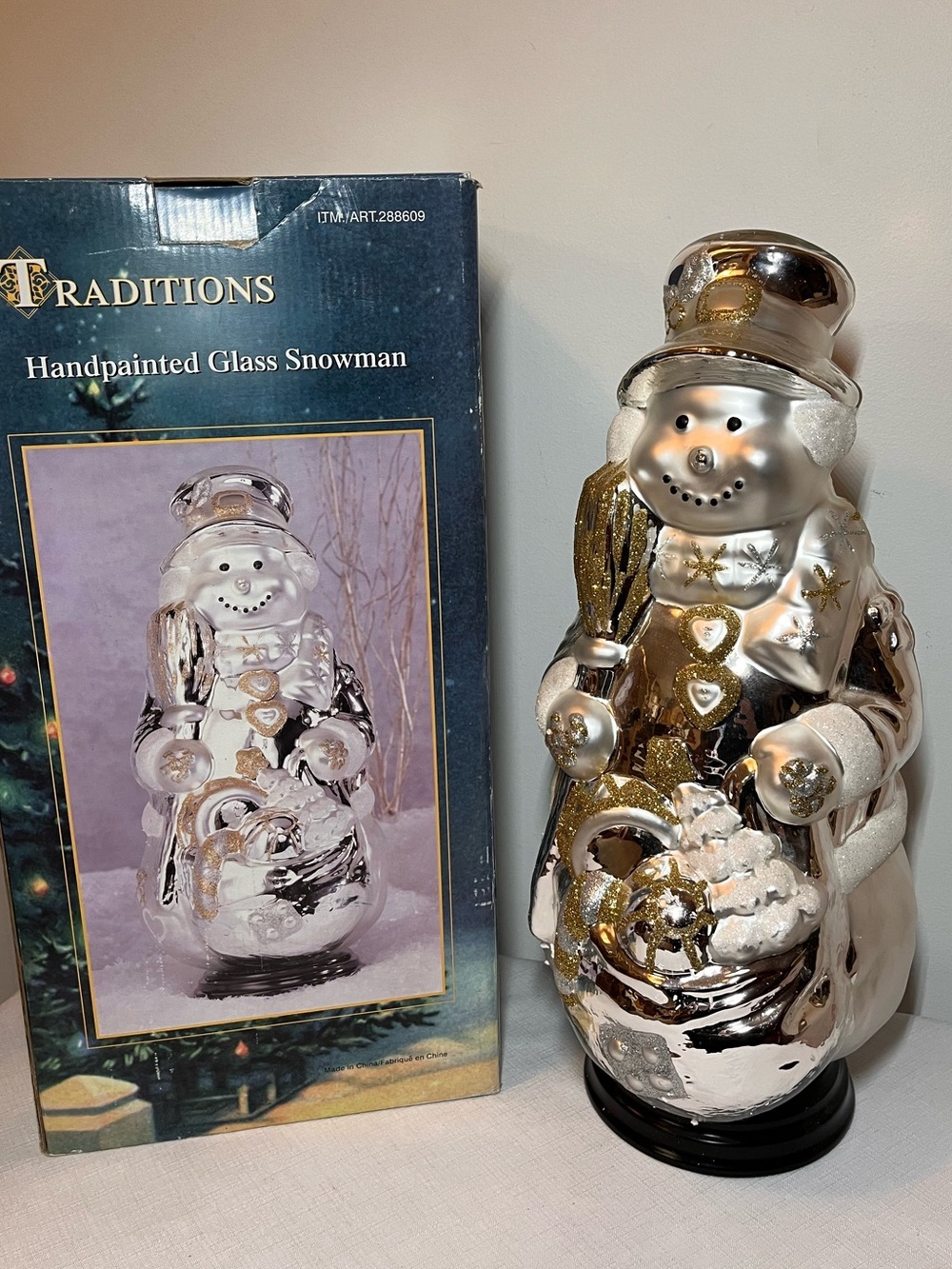Large 17” Traditions Handpainted Blown Glass Snowman - Silver & Gold with box